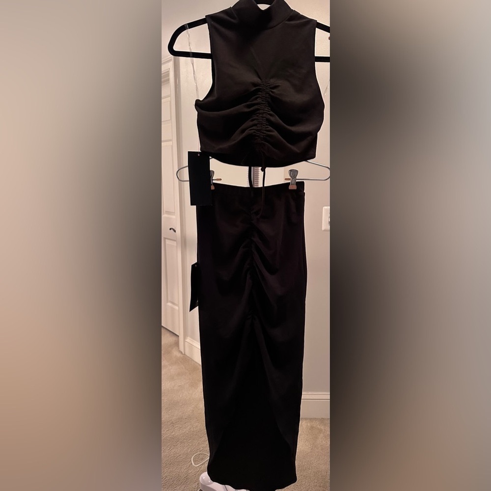 Bebe, Two Piece Shirred Knit Dress, Black, XS.